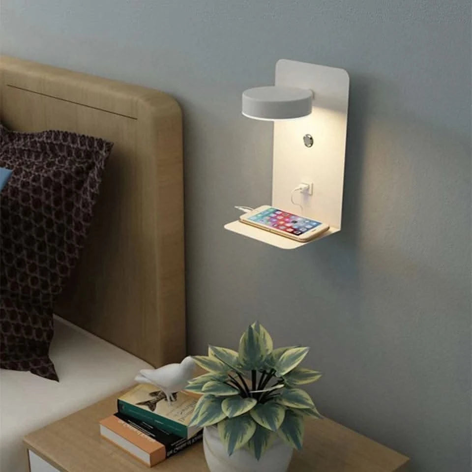 led lamp on wall - Futura's Studio charging phone